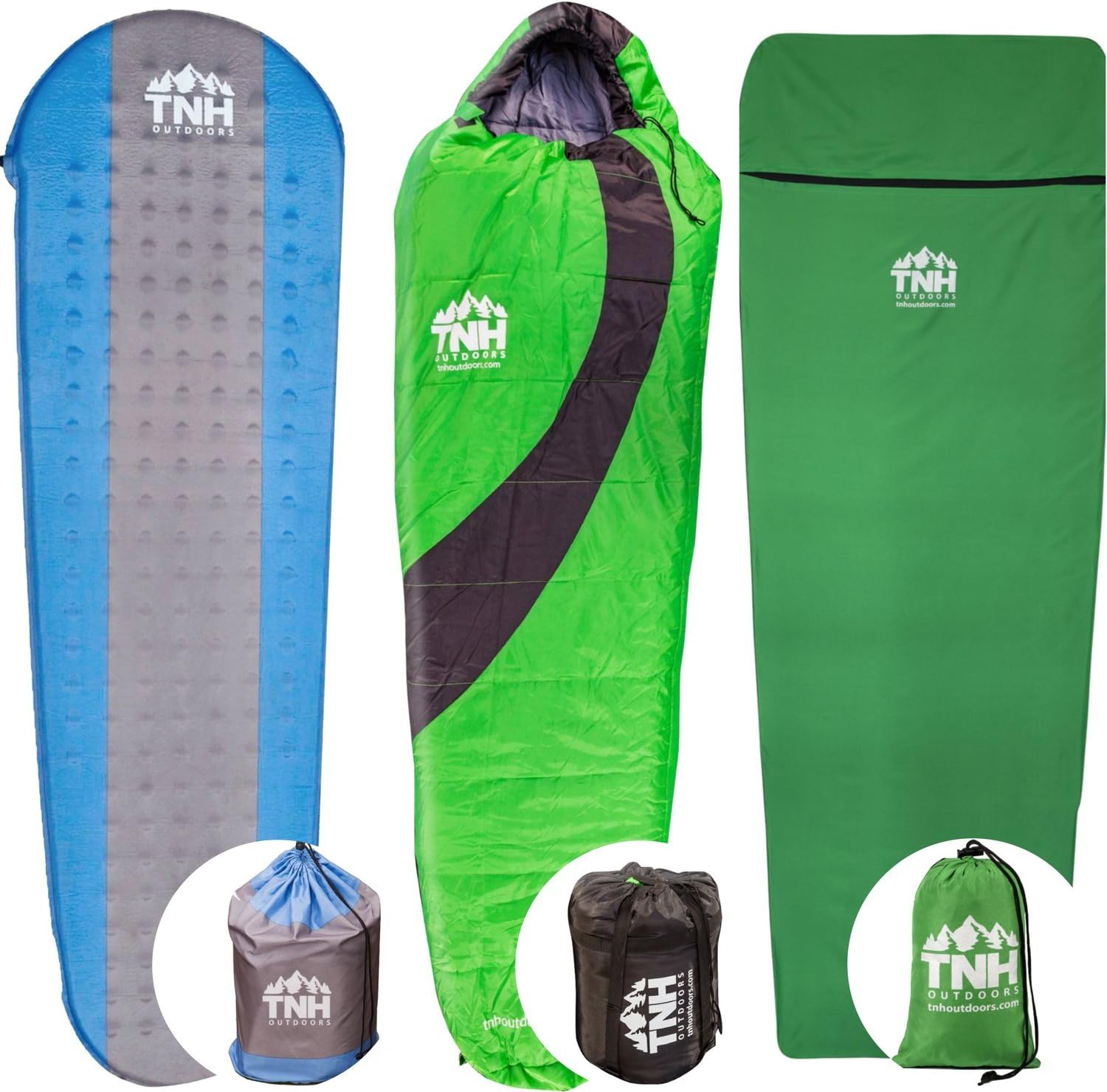 TNH Outdoors Smart Bundle: #1 Premium Self Inflating Sleeping Pad, Adult Sleeping Bag & Sleeping Bag Liner