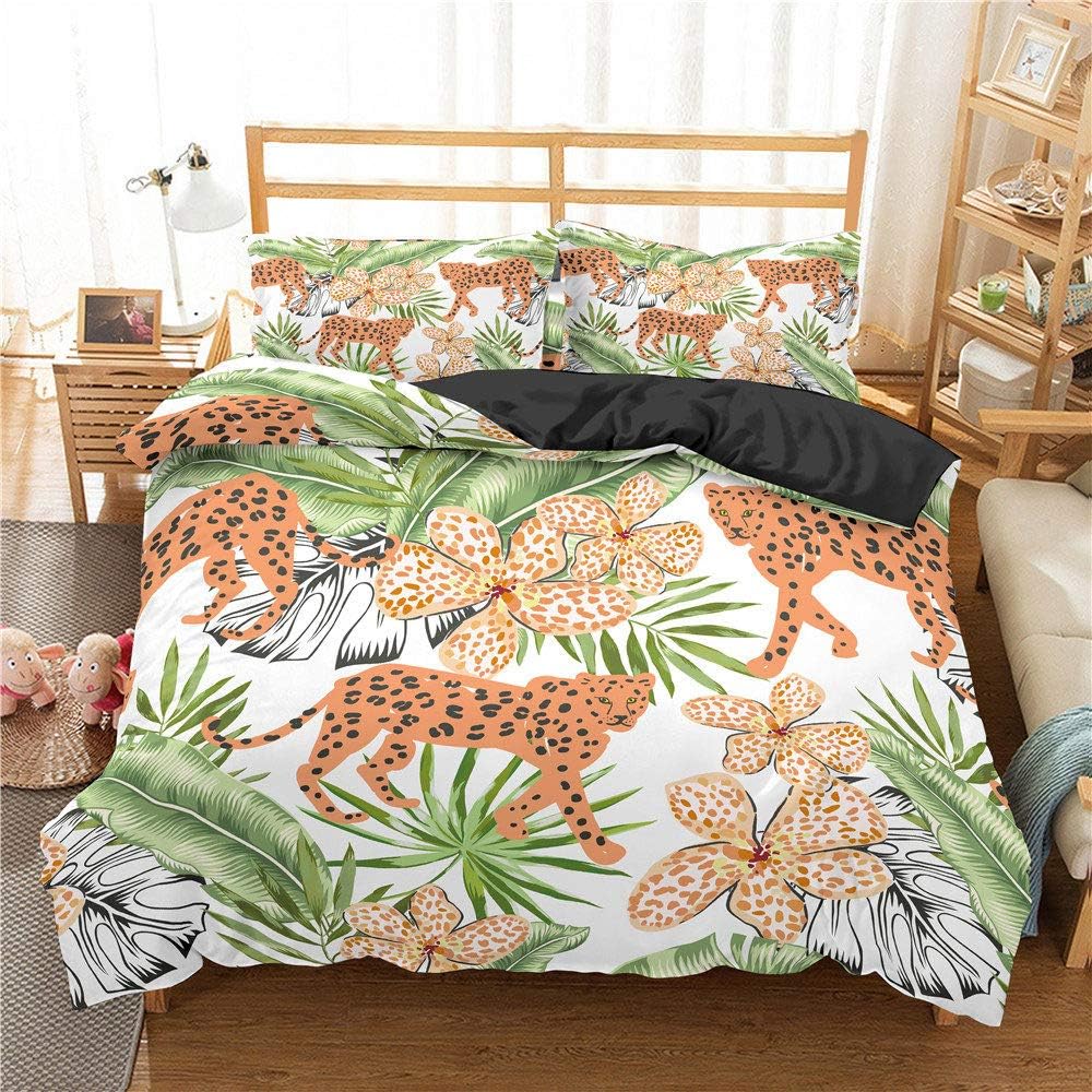 Leopard Bedding Sets 3 Pcs,Tropical Leaves Jungle Animal