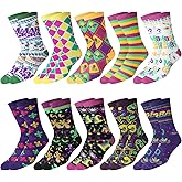 Haysandy 10 Pairs Mardi Gras Socks for Men Women Carnival Funny Novelty Compression Casual Crew Socks Fleur De Lis Mask Purple Green Gold Patterned Mardi Gras Holiday Party Gifts Outfit Accessories