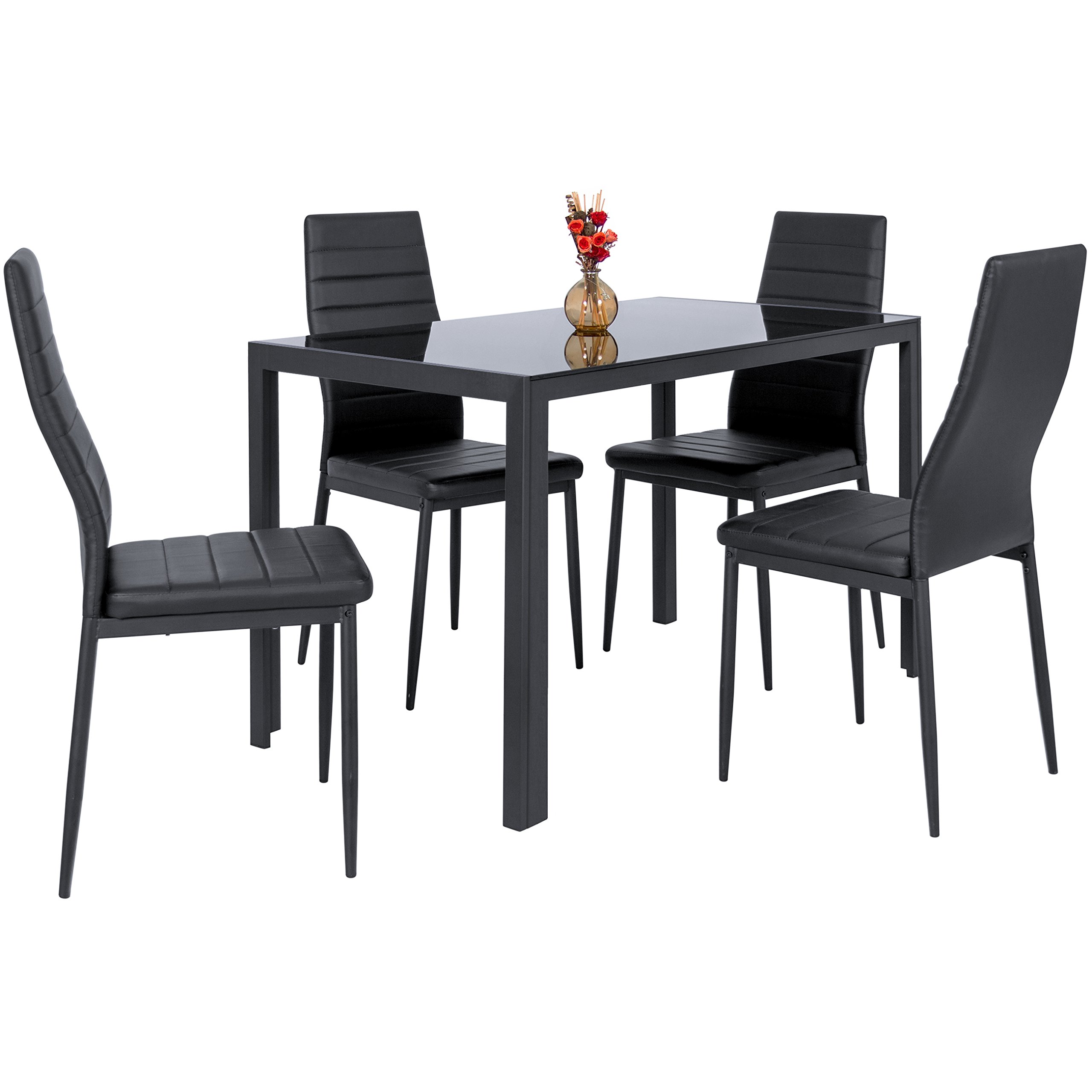 Best Choice Products 5 Piece Kitchen Dining Table Set W/Glass Top and 4 Leather Chairs Dinette- Black- INCOMPLETE 