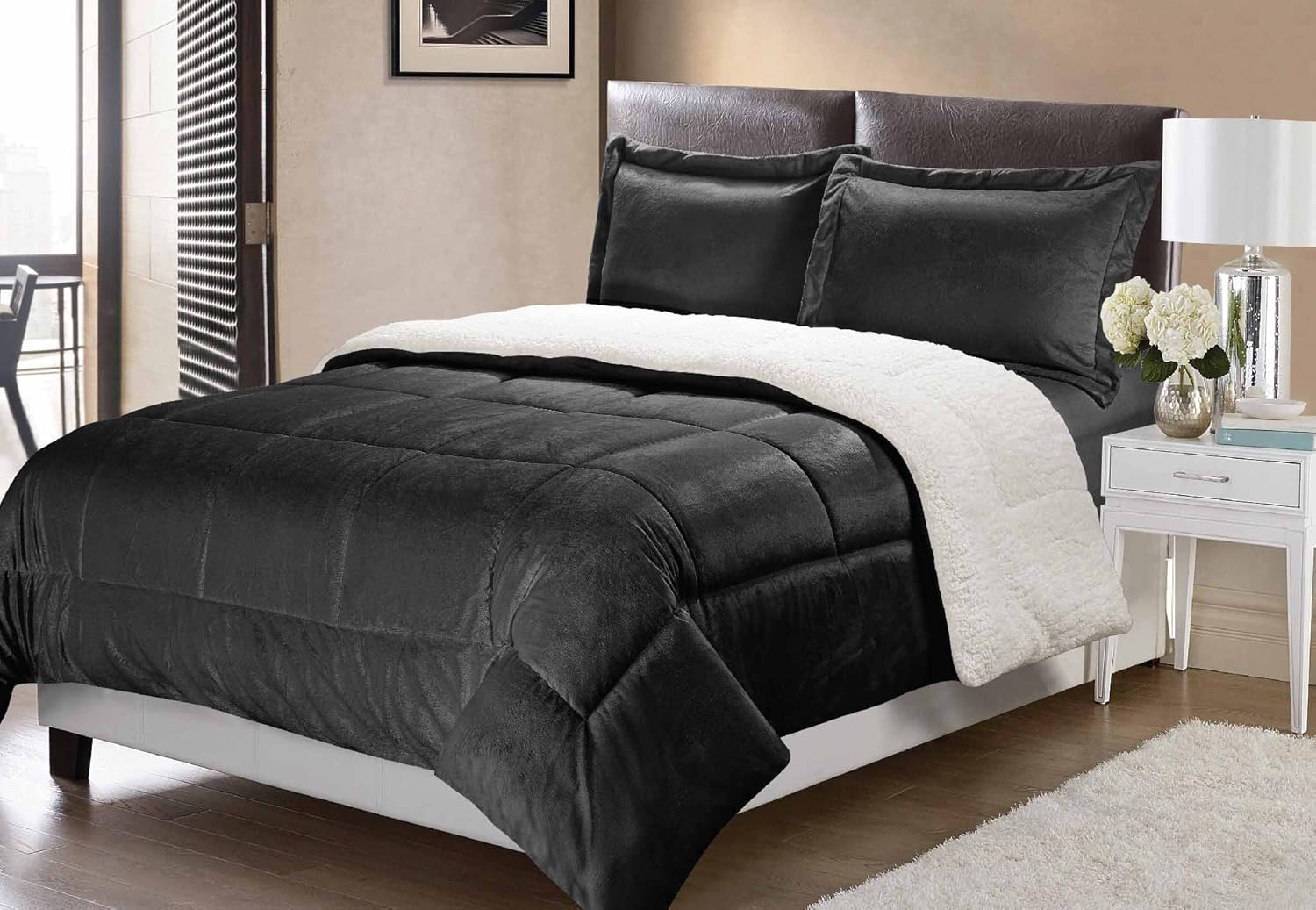 Swift Home Collection Ultra-Plush Reversible Micromink and Sherpa 3-Piece Down Alternative Comforter with Pillow Shams, Luxury Bedding Set, Hypoallergenic, Black, Full