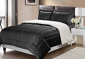 Swift Home Collection Ultra-Plush Reversible Micromink and Sherpa 3-Piece Down Alternative Comforter with Pillow Shams, Luxury Bedding Set, Hypoallergenic, Black, Full