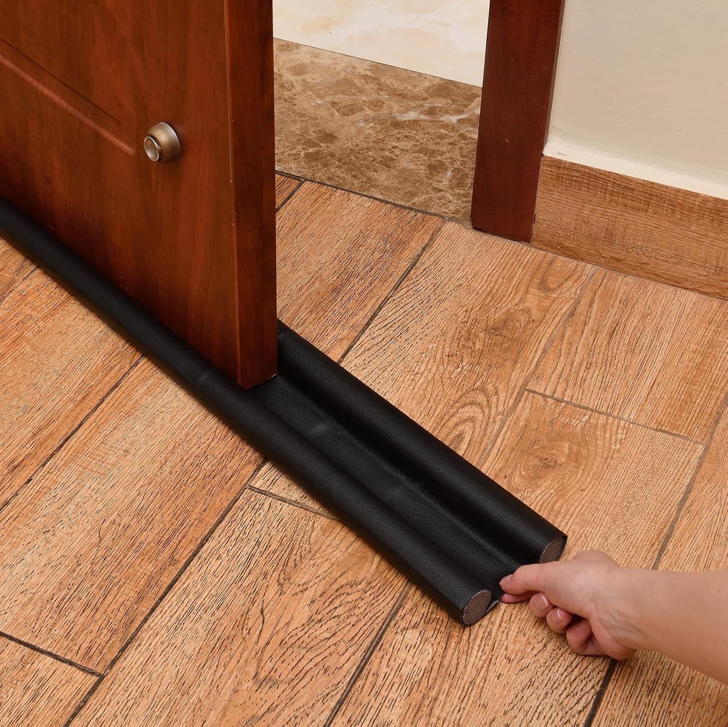 Draft Stoppers - FOKICOS Door Draft Stopper Breeze Blocker Flannel Guard Adjustable Washable Weather Noise Blocker with Instructions (Black, Artificial Leather 1.1in)