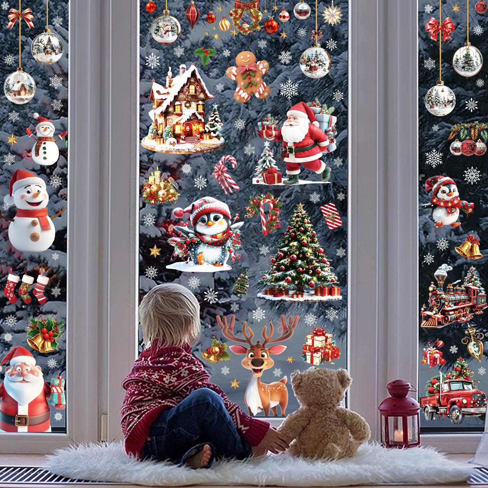 Fassory 9 Sheets 120 Pcs Reusable Static Window Clings, Double-Side Window Stickers Christmas Scene, Welcome Christmas