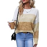 QIANSIQIANBO Women's Striped Color Block Sweater Long Sleeve Crewneck Casual Loose Fit Soft Knit Sweater Pullover Tops