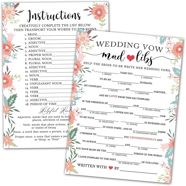 Amazon Com Bridal Shower Games Wedding Mad Libs Vows Wedding Shower Games For Guests Bachelorette Party Games For 20 Guests 40 Cards Toys Games