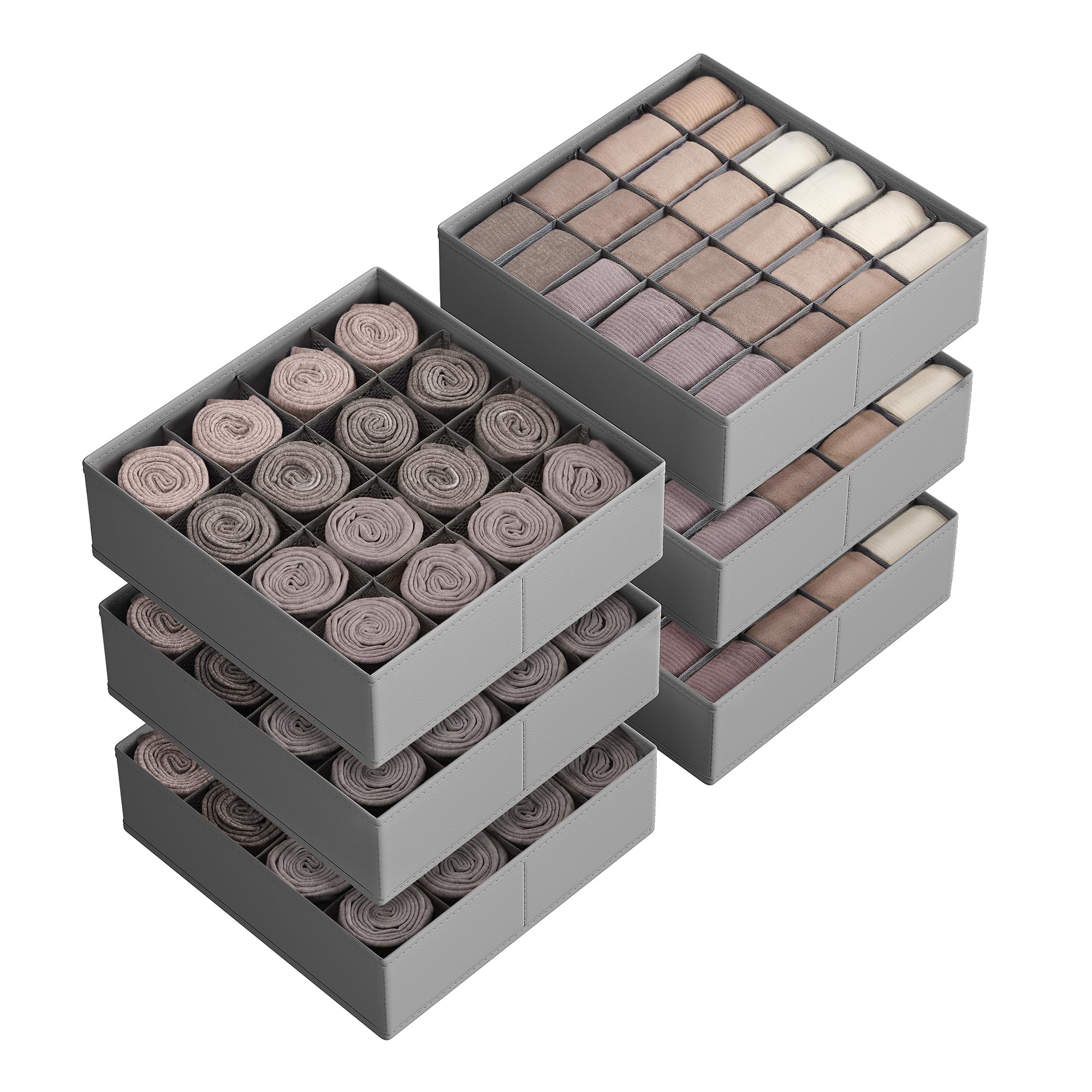 SONGMICS Set of 6 Drawer Organisers, 120 Compartments (3x16+3x24), Foldable Closet Organiser, 30 x 30 x 10 cm, Boxes for Socks, Underwear, Belts, Dove Grey RUS011G02