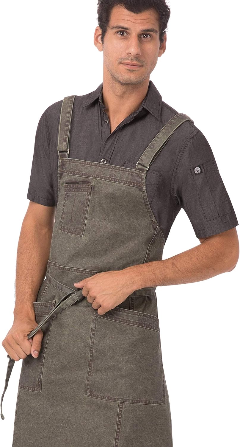Chef Works unisex adult Denver Cross-back Bib Work Utility Apron, Olive Wood, One Size US: Clothing