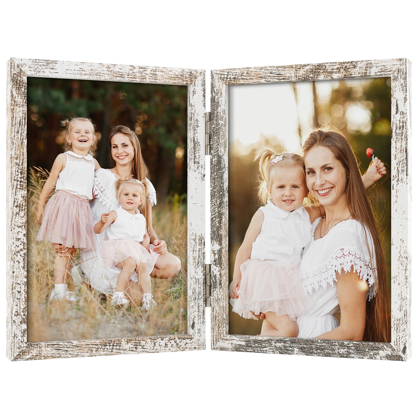 Space Art Deco Double 4x6 Picture Frame, 2 4x6 Folding Photo Frame, Standing Vertically on Desktop or Tabletop, Home Decorative Christmas Holiday Gift, Distressed White