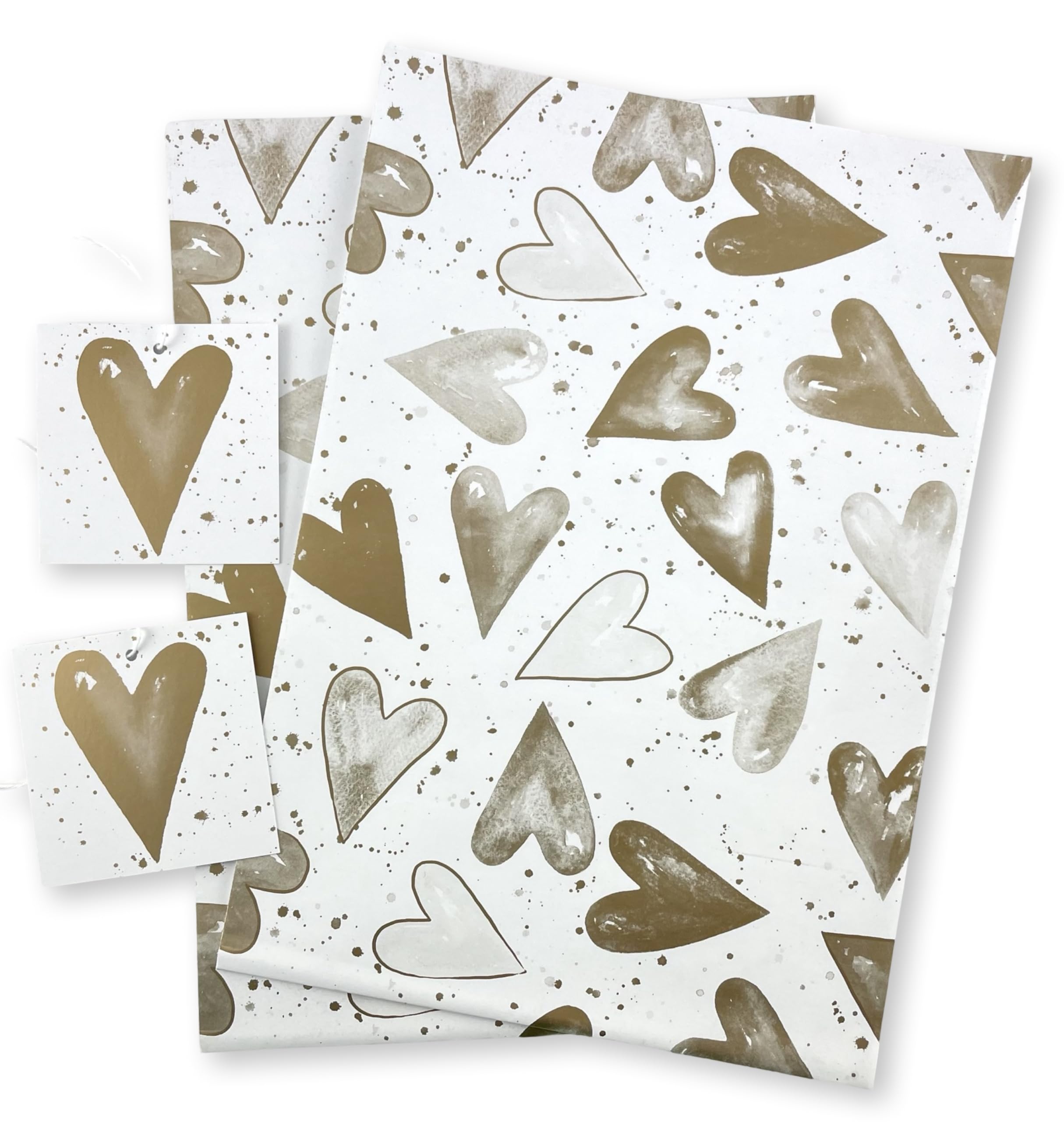 Hearts Metallic Gold Recyclable Gift Wrapping Paper - 2 Sheets and 2 Tags - Valentines - wedding - anniversary - birthday - Christening
