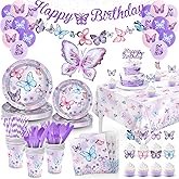 Butterfly Birthday Decorations, Butterfly Decorations Purple Birthday Decorations Tableware, 163 Pcs Butterflies Decorations for Girls, Serves 16
