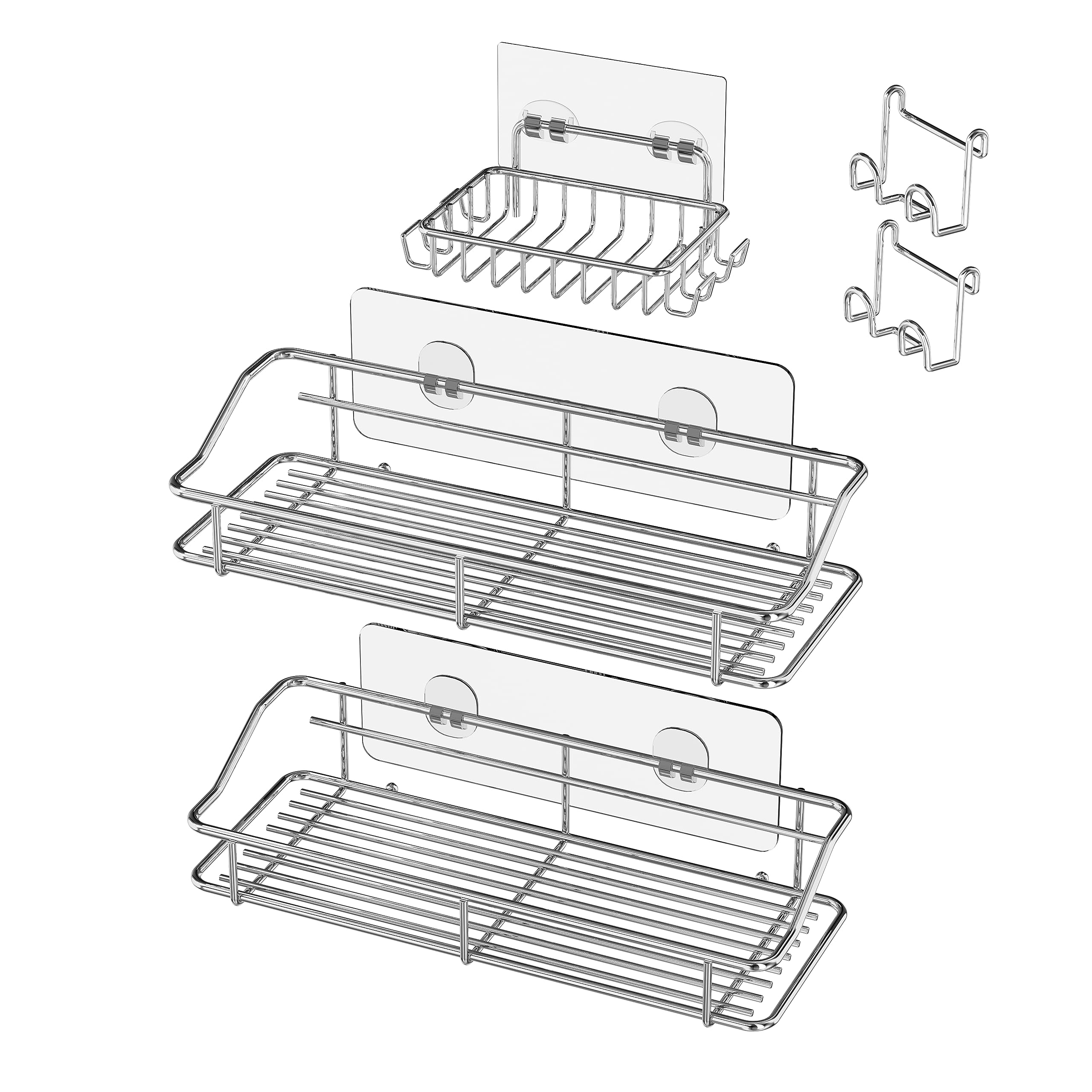 Photo 1 of Nieifi Shower Caddy Shelf with Hooks Storage Rack Organizer Adhesive Stainless Steel without Drilling for Bathroom, Lavatory, Washroom, Restroom, Shower, Toilet, Kitchen (Sliver, 3 Pack)