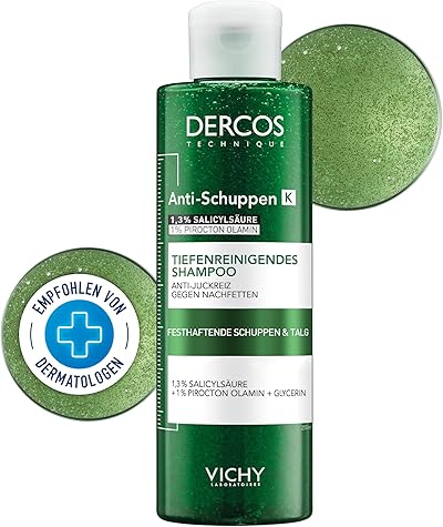 Vichy Dercos Anti-Schuppen K, Tiefenreinigendes Shampoo für fettige und empfindliche Kopfhaut, Bei hartnäckigen Schuppen und Ablagerungen, Keratolytische und antimikrobielle Wirkung, 250 ml
