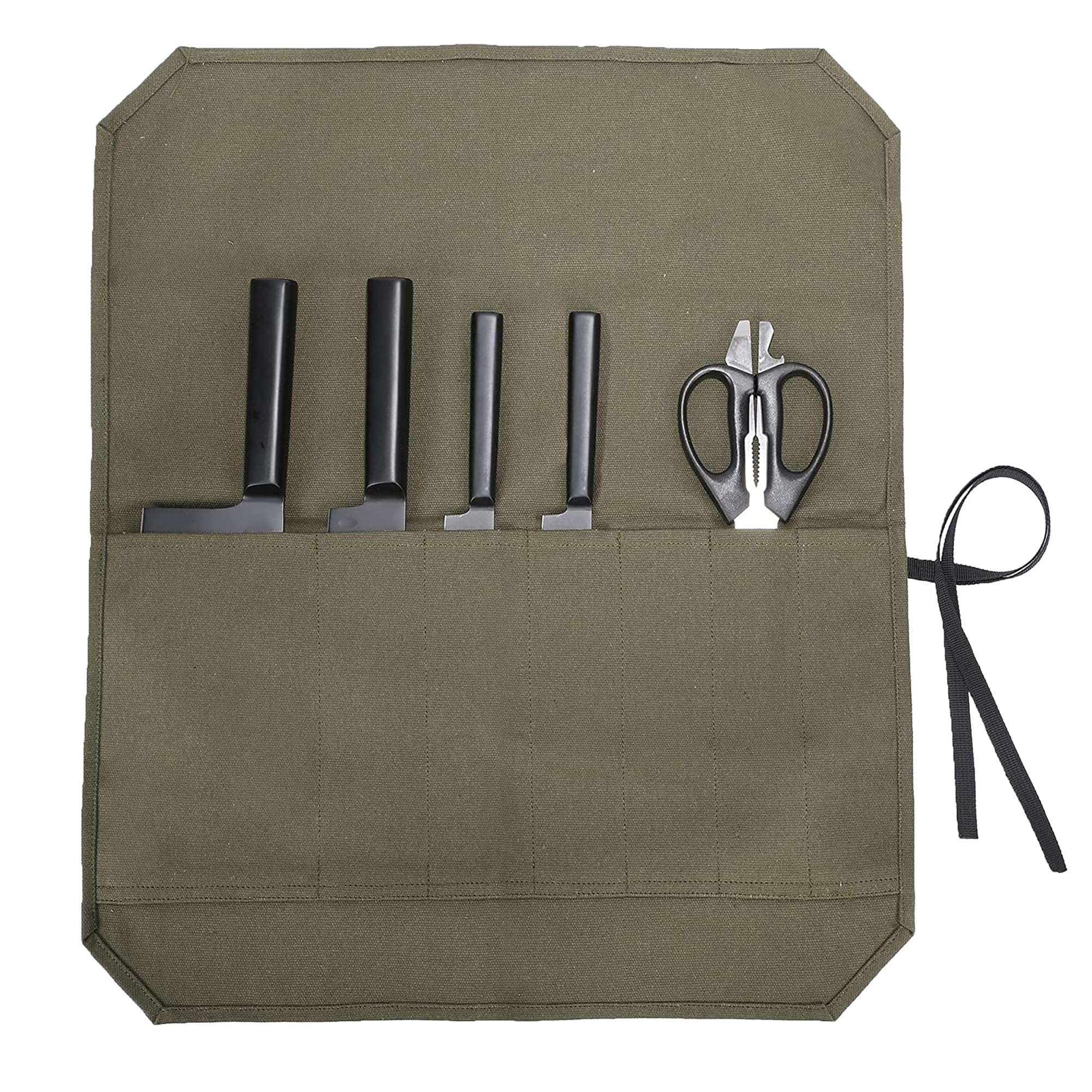 Kaaltisy Chef Knife Roll, Heavy Duty 16oz Waxed Canvas Knife Holder, Portable Knife Storage Roll Bag with 7 Slots & Tie Rope - for Culinary School Home Kitchen Professional Chefs - Army Green