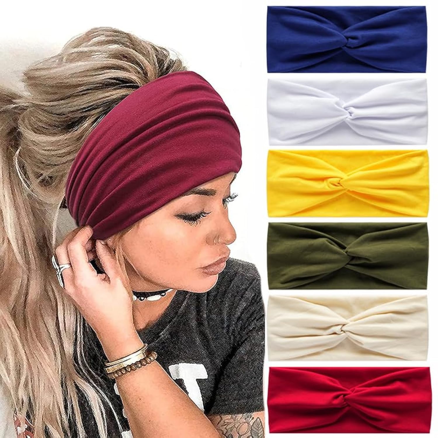 Wide Hair Band Head Scarfs for Women Fabric Elastic Soft Boho Headband Flower head wrap Bandanas for Women Yoga Sport Hairbands (NP6ColorYellow)