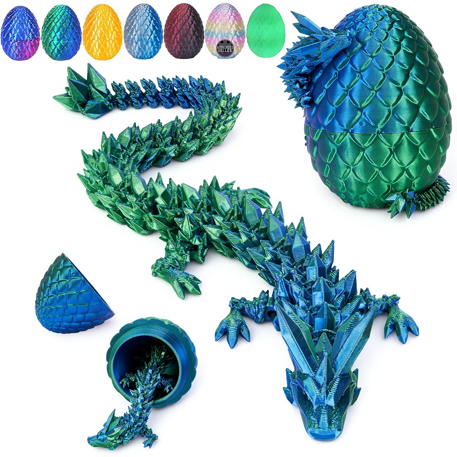 12" 3D Printed Dragon, Upgraded Fall Protection Dragon Egg & Reinforced 3D Dragons Joints, Safe Eco-Friendly Fidget Toy, Ideal Easter Gifts for Kids, Easter Eggs（Laser Green）