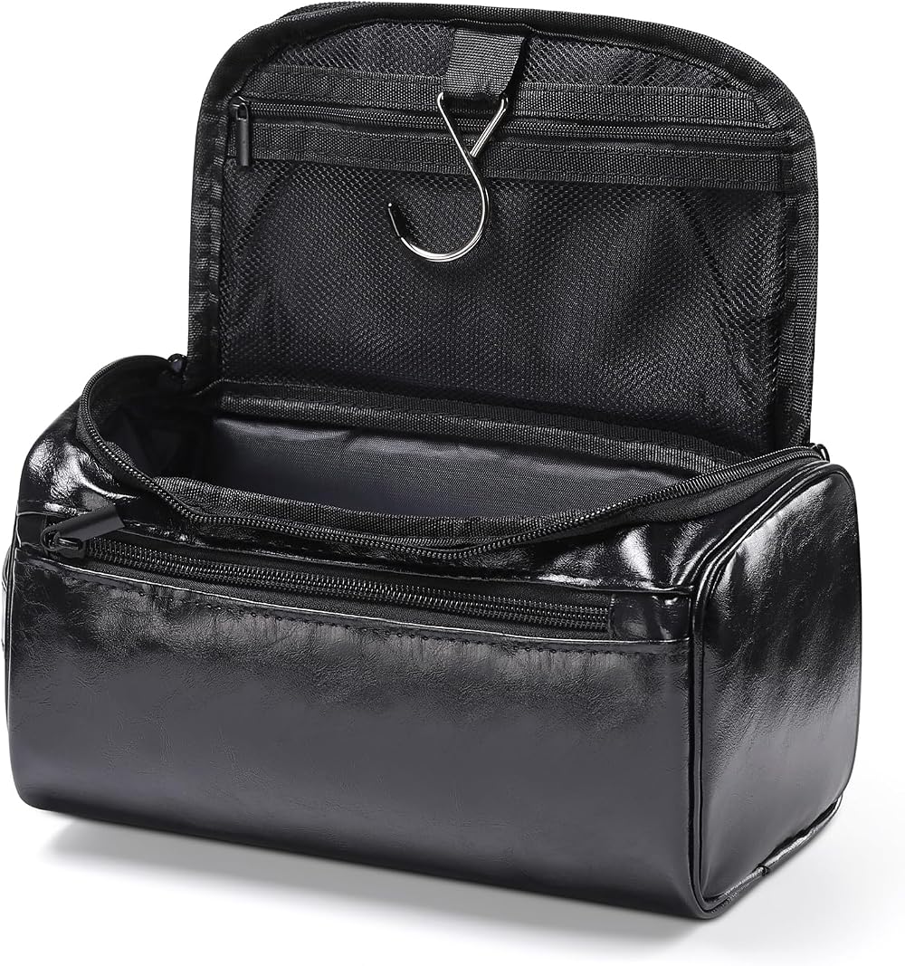 Etercycle Leather Toiletry Bag Hanging Wash Bag Waterproof Jet Black