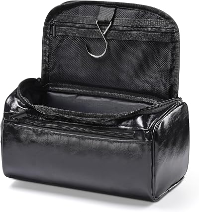 Etercycle Leather Toiletry Bag Hanging Wash Bag Waterproof Jet Black