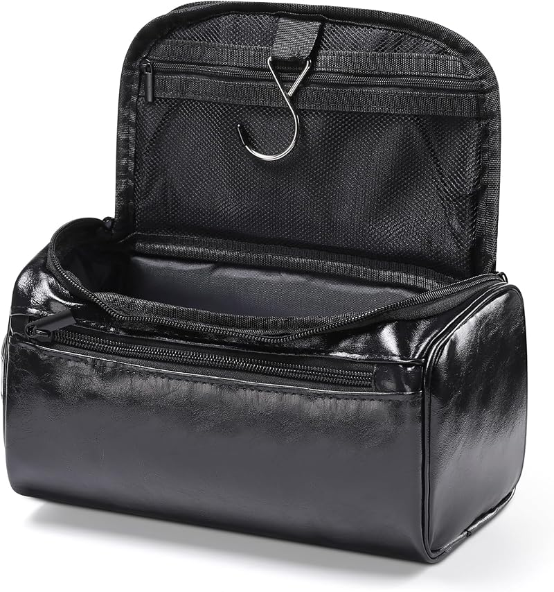 Etercycle Leather Toiletry Bag Hanging Wash Bag Waterproof Jet Black