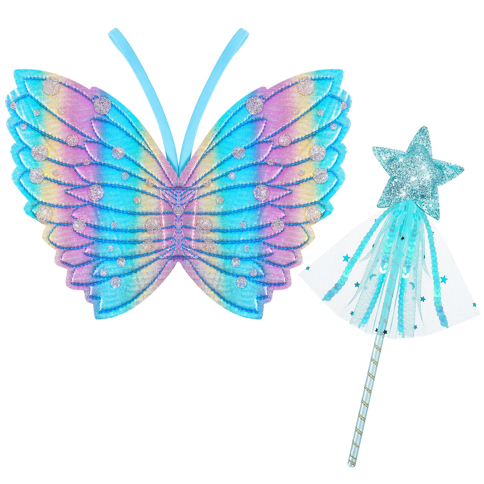 Dacitiery Kids Girls Fairy Wings and Wand Fancy Dress Set - Butterfly Wings, Magics Wand, Glitter Fairy Dress Up Fancy Accessory Costume for Girls Party