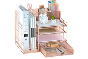 VIVSOL Rose Gold Desk Organizer, Desk Organizers and Office Desk Accessories with Drawer + Vertical File Sorters, Office Supplies for Women, Desk File Organizer Storage for Office, School, Home
