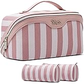 BOYATU Travel Makeup Bag for Women: Large Cosmetic Bag Set of 3 - PU Leather Make up Bag with Compartments - Compact Waterproof Toiletry Bag with Divider & Handle (B-1-Pink)