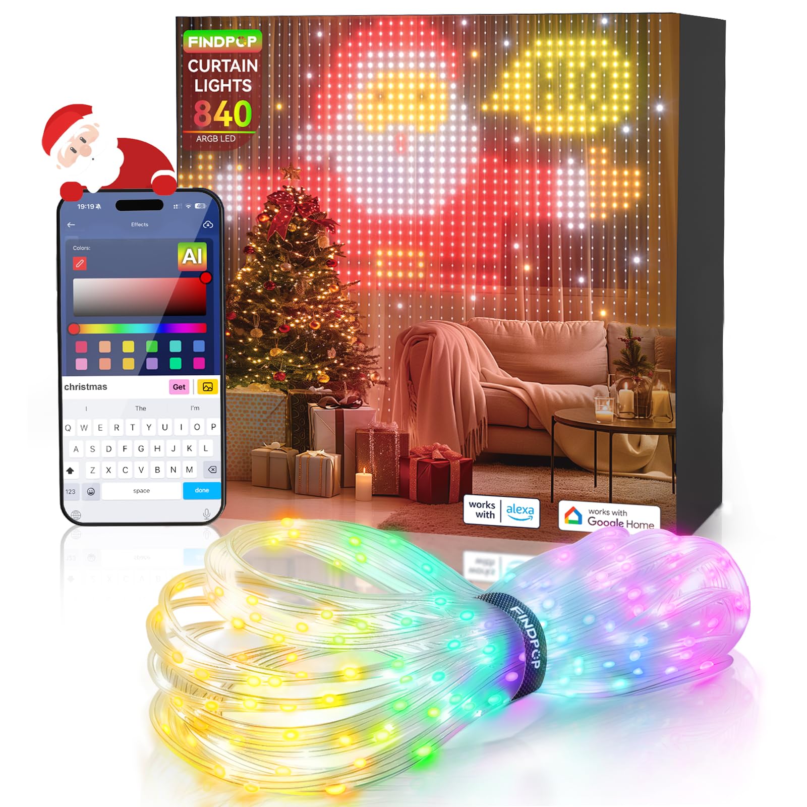 Photo 1 of Findpop AI Smart Curtain Lights, 840 LEDs Indoor Color Changing Lights, Music Sync Dynamic DIY, for Valentine's Party Decor, Holiday, Wedding Backdrop, Kids Bedroom, LivingRoom, Waterproof, 6.6x3.4FT