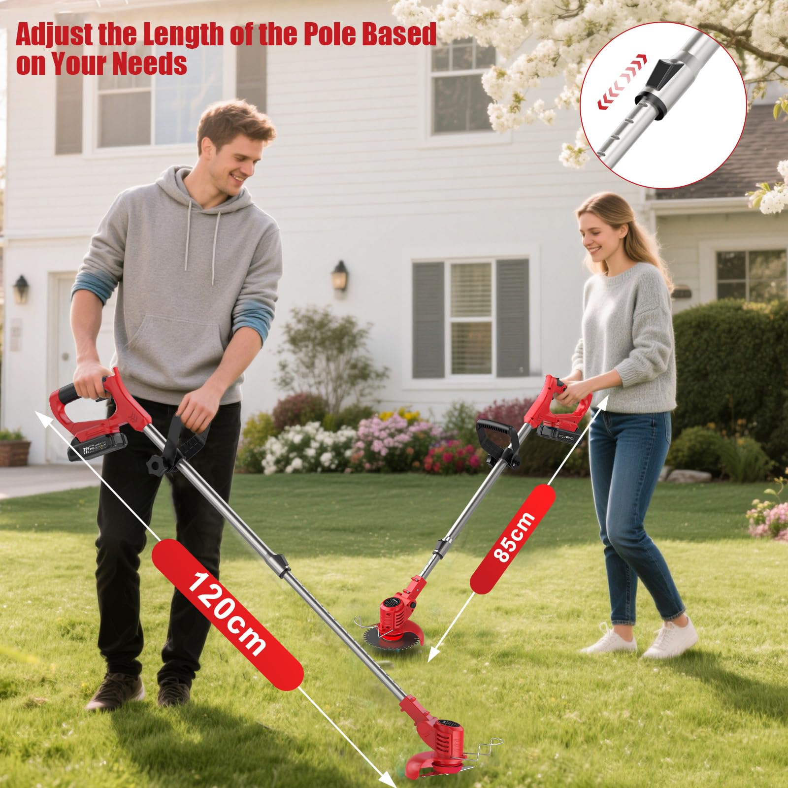 Bamse Rasentrimmer mit Akku – Akku Rasentrimmer, 11000 U/min, 2x2000mAh, Teleskopgriff 85–120cm, 2 Schneidköpfe – Freischneider Akku für Garten, Motorsense, Kantenschneider Rasen, Rot 4