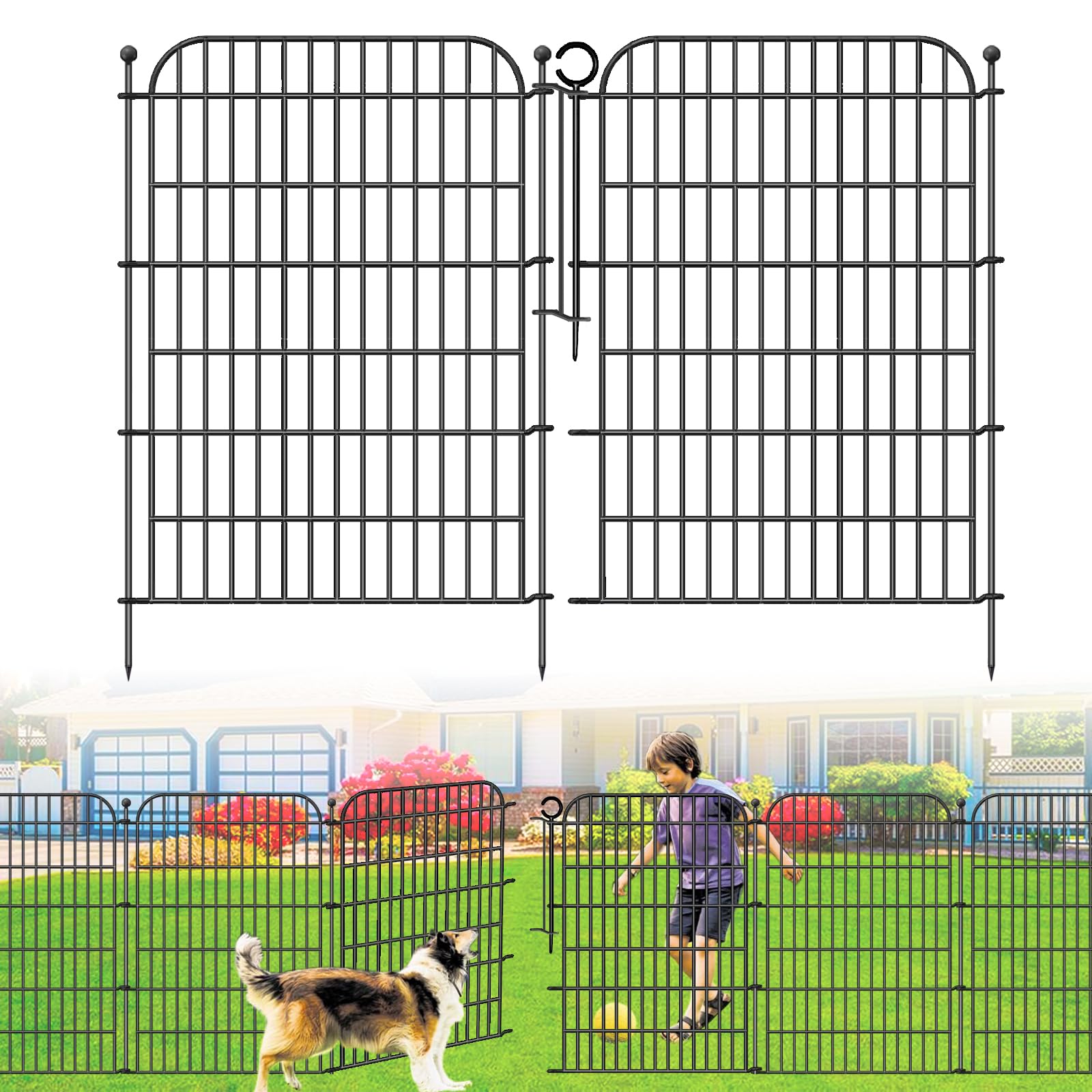 Photo 1 of 10 Panels Decorative Outdoor Garden Fence with Gate, 40 in(H) X 23.6 ft(L) Rustproof Metal Wire Panel Border for Yard, No Dig Temporary Tall Fence with Ground Stakes, Animal Barrier for Dog
