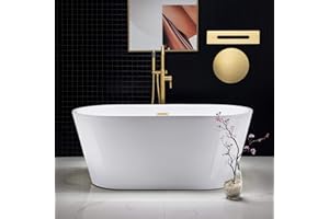 WOODBRIDGE 59" Freestanding White Acylic Soaking Bathtub with Brushed Gold Drain and Overflow, BTA1514-BG