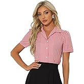 Allegra K Summer Gingham Blouse for Women's Short Sleeve Vintage Button Down Plaid Shirt Top