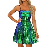 Allegra K Women Sequin Mini Dresses Party Club Adjustable Spaghetti Strap Festival Outfits Sparkly Disco Dress