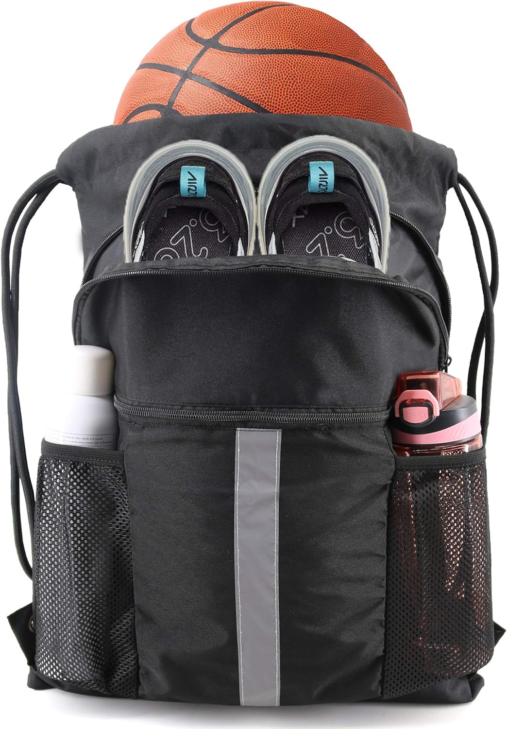  | BeeGreen Drawstring Backpack Bag with Shoe Compartment X-Large Black Gym Sports String Cinch Backpack Athletic Sackpack with Front Inside Zipper Pockets and Mesh Water Bottle Holders for Women Men | Drawstring Bags