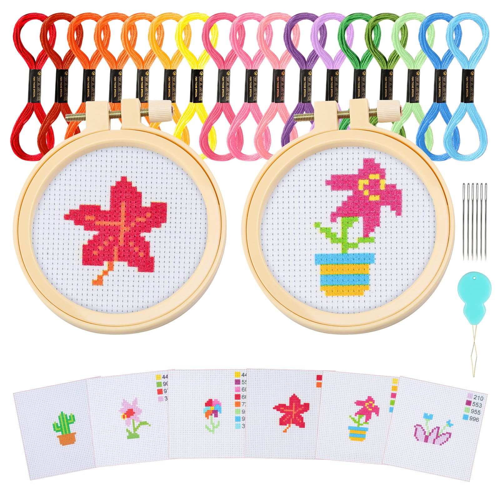 Ysimple Embroidery Kits Cross Stitch Beginner Kit Includes 6 Project Patterned and 2pcs Embroidery Hoops, 18 Skeins, Needle Point Starter Kit Sewing Set with Instructions (Plants)