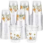 Hushee 60 Pcs Yellow Floral Cups with Spring Summer Flower 16 oz Wildflowers Plastic Disposable Drinking Cups for Summer Spring Birthday Baby Shower Party Supplies(Flowers)