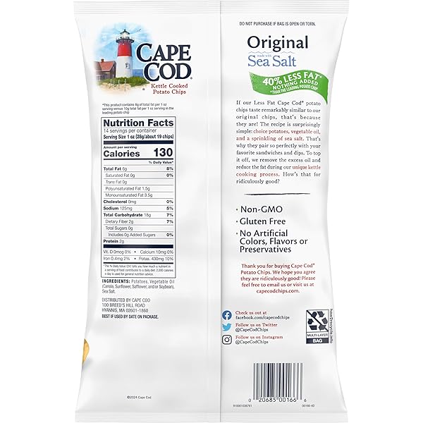 CAPE COD POTATO CHIPS, LESS FAT ORIGINAL KETTLE CHIPS, 14 OZ