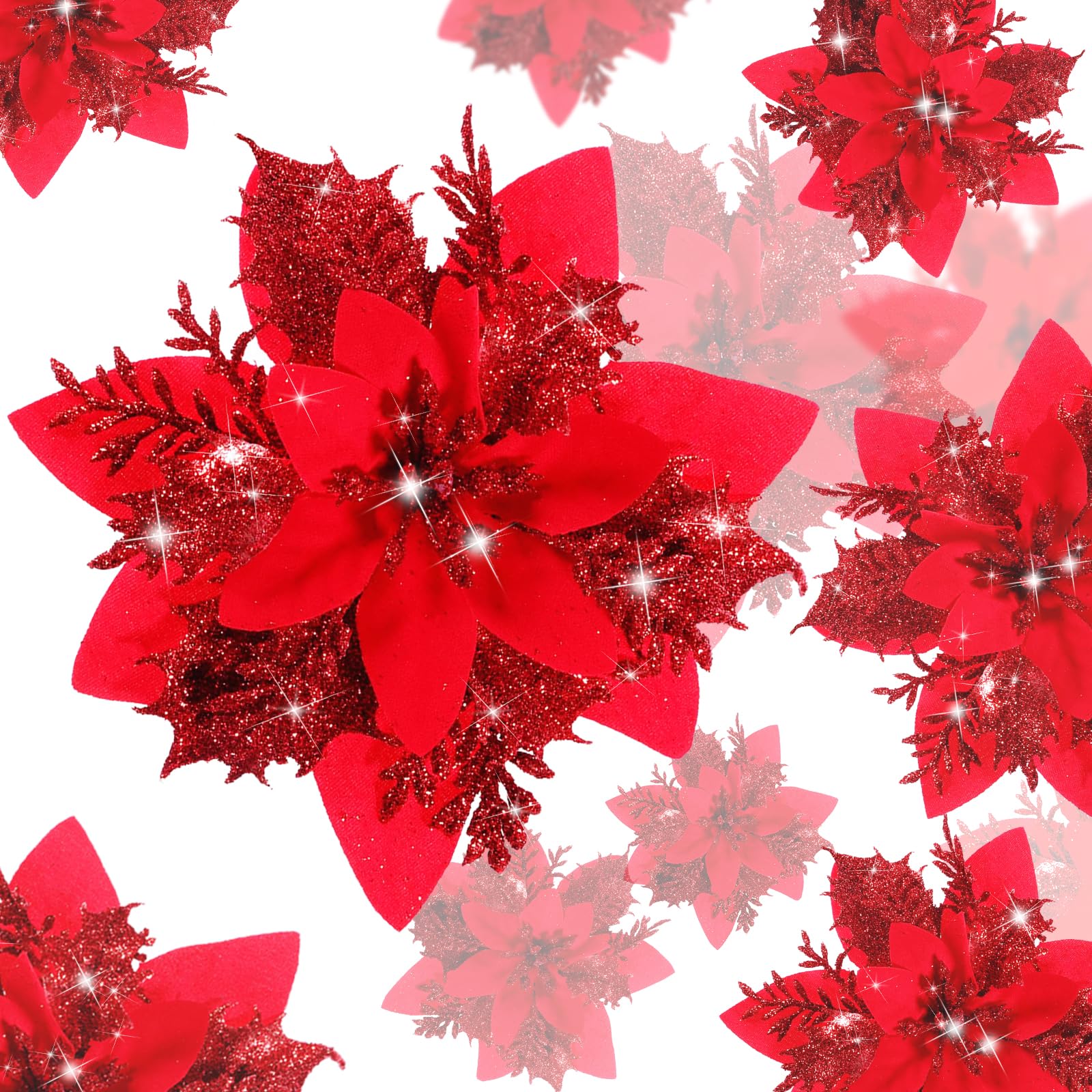 BLAZOR Christmas Flowers Artificial, Poinsettia Artificial Flowers with Glitter, Large Poinsettias christmas Tree Decorations, Xmas Faux Flowers for Garlands/Party/Home Ornaments