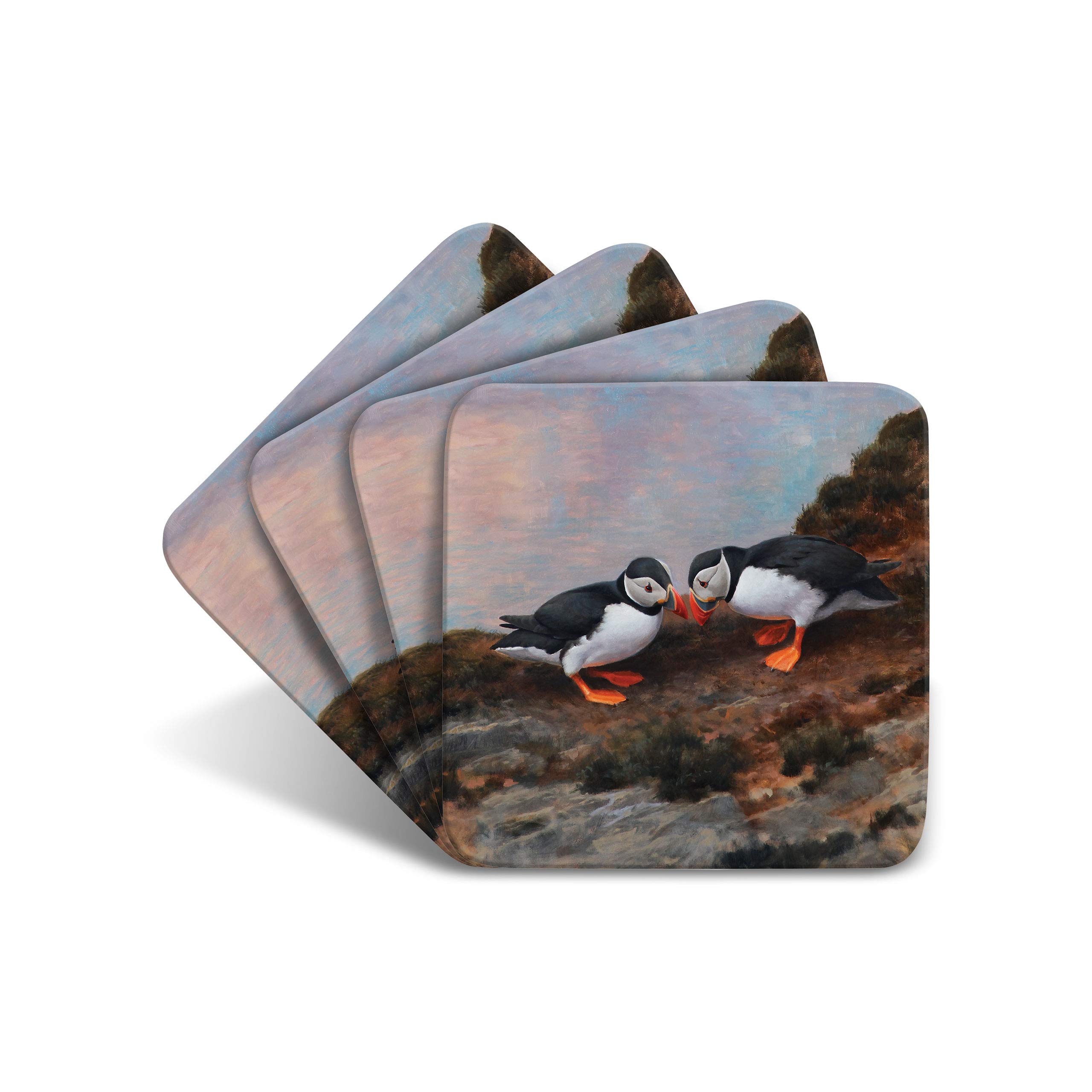 Puffins Beak Bashing Drinks Coasters by Wildlife Artist Julian Friers - Set of 4 Puffin Coasters - Non-Slip, Cork Table Coasters