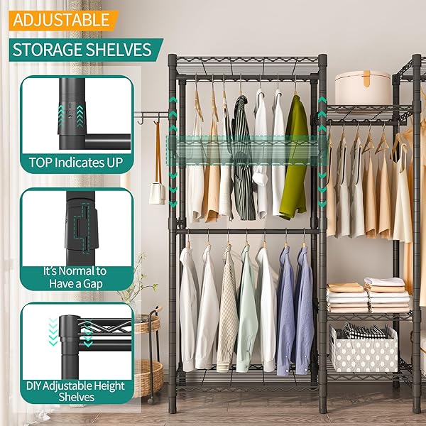EXGLOBOL HEAVY DUTY GARMENT RACK, PORTABLE WARDROBE CLOTHES RACK FREESTANDING ADJUSTABLE CLOTHING RACK WITH 7 TIERS ADJUSTABLE WIRE SHELVING AND 4 HANGER RODS, MAX LOAD 920LBS