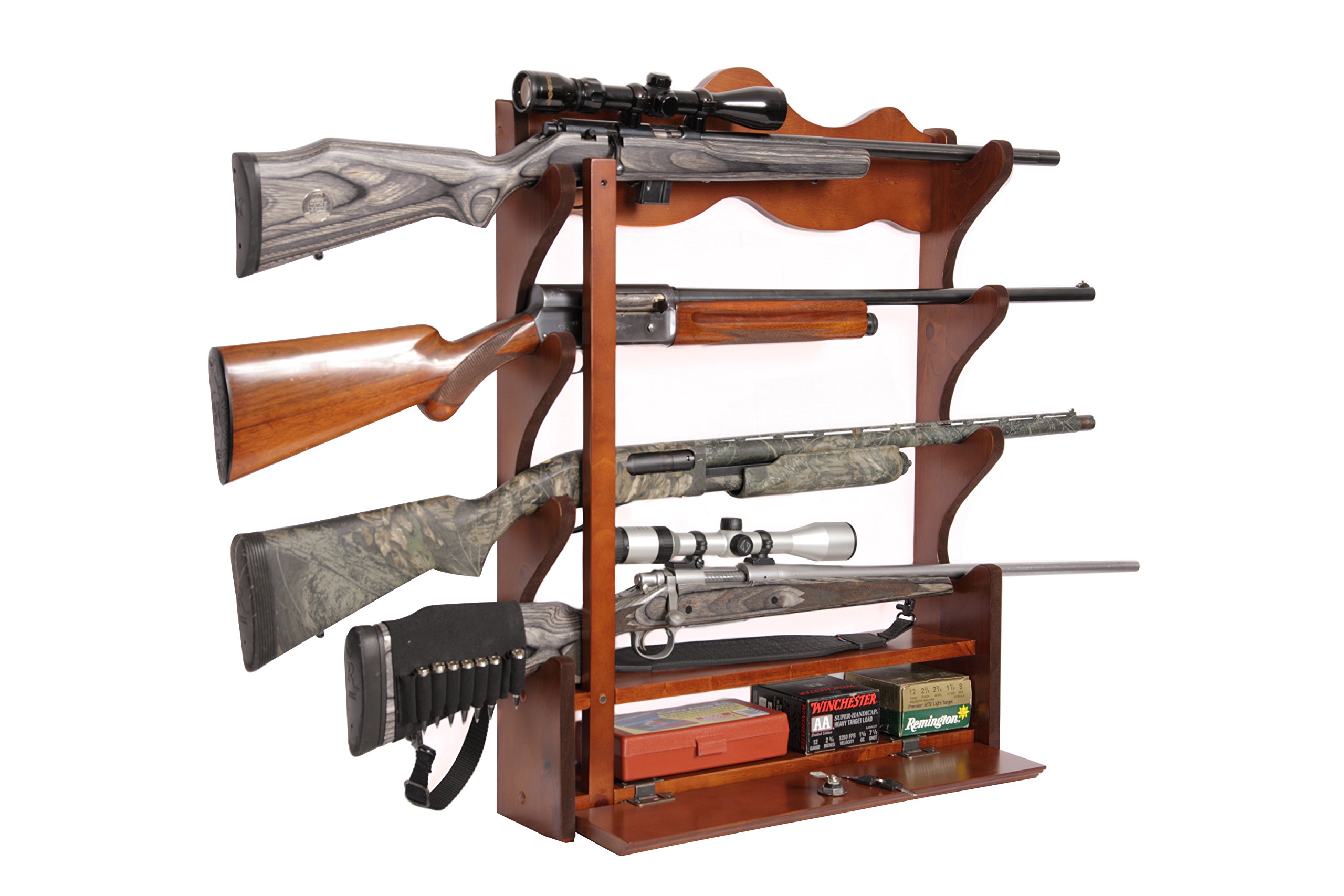 4 Gun Storage Rack Wall with Accessory Compartment Rifles Wood