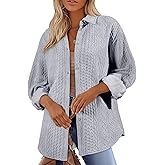 Astylish Women Long Lantern Sleeve Shirts Cable Textured V Neck Button Down Tops Casual Oversized Blouse