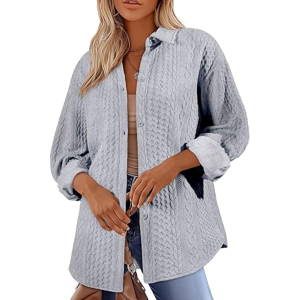 Wancir Womens Cable Knit Lightweight Shacket Button Down Shirts Long Sleeve Casual Oversized Blouses Tops