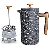 POLIVIAR French Press Coffee Maker, 34 Ounce Coffee Press with Real Wood Handle, Double Wall Insulation & Dual-Filter Screen, Food Grade Stainless Steel for Good Coffee and Tea (Lava)