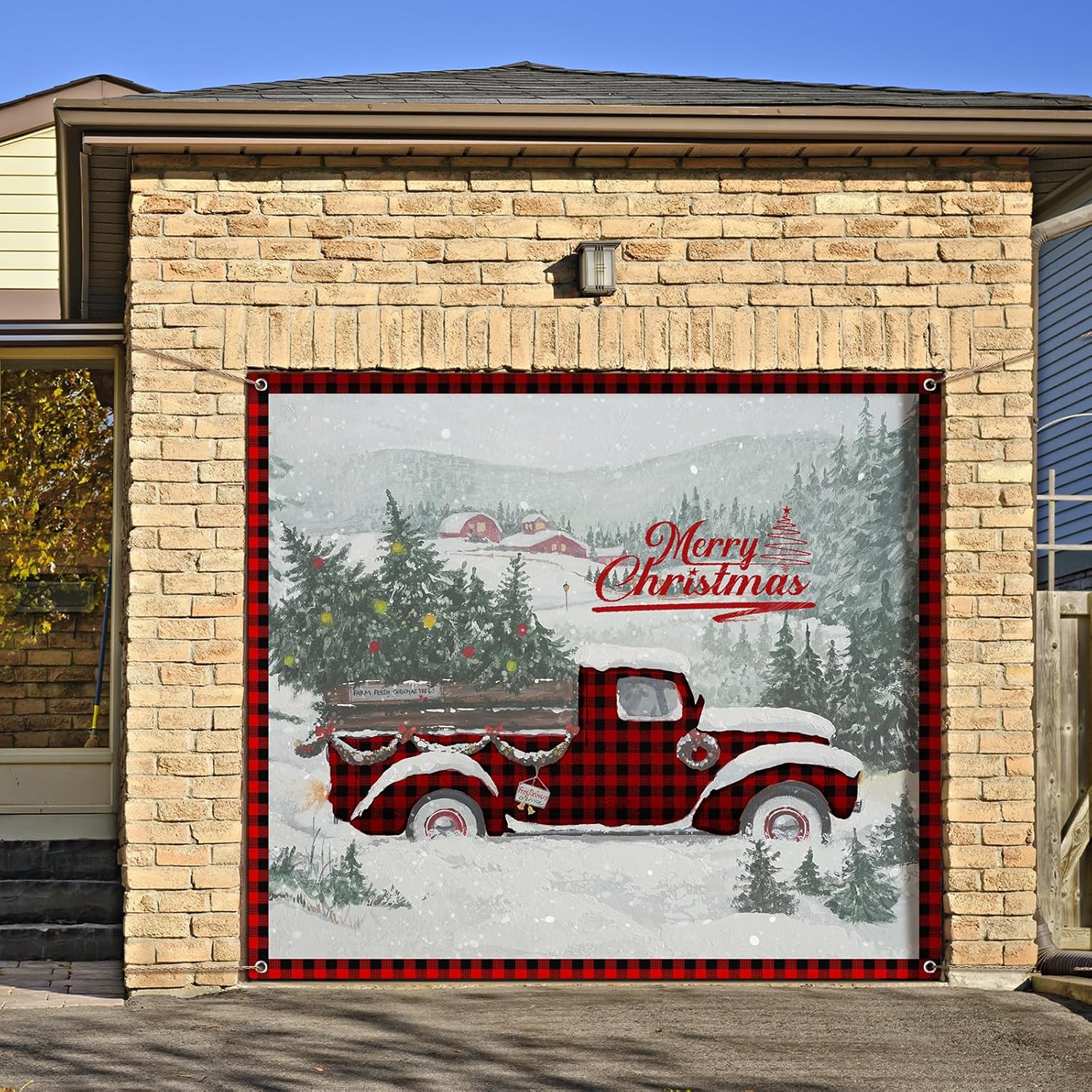 Garage Door Decorations - Christmas Garage Door Banner 7 x 8ft outdoor Christmas Decoration holiday garage door covers wall Backdrop Decoration Indoor Outdoor for Christmas Holiday Party Supplies (Truck)