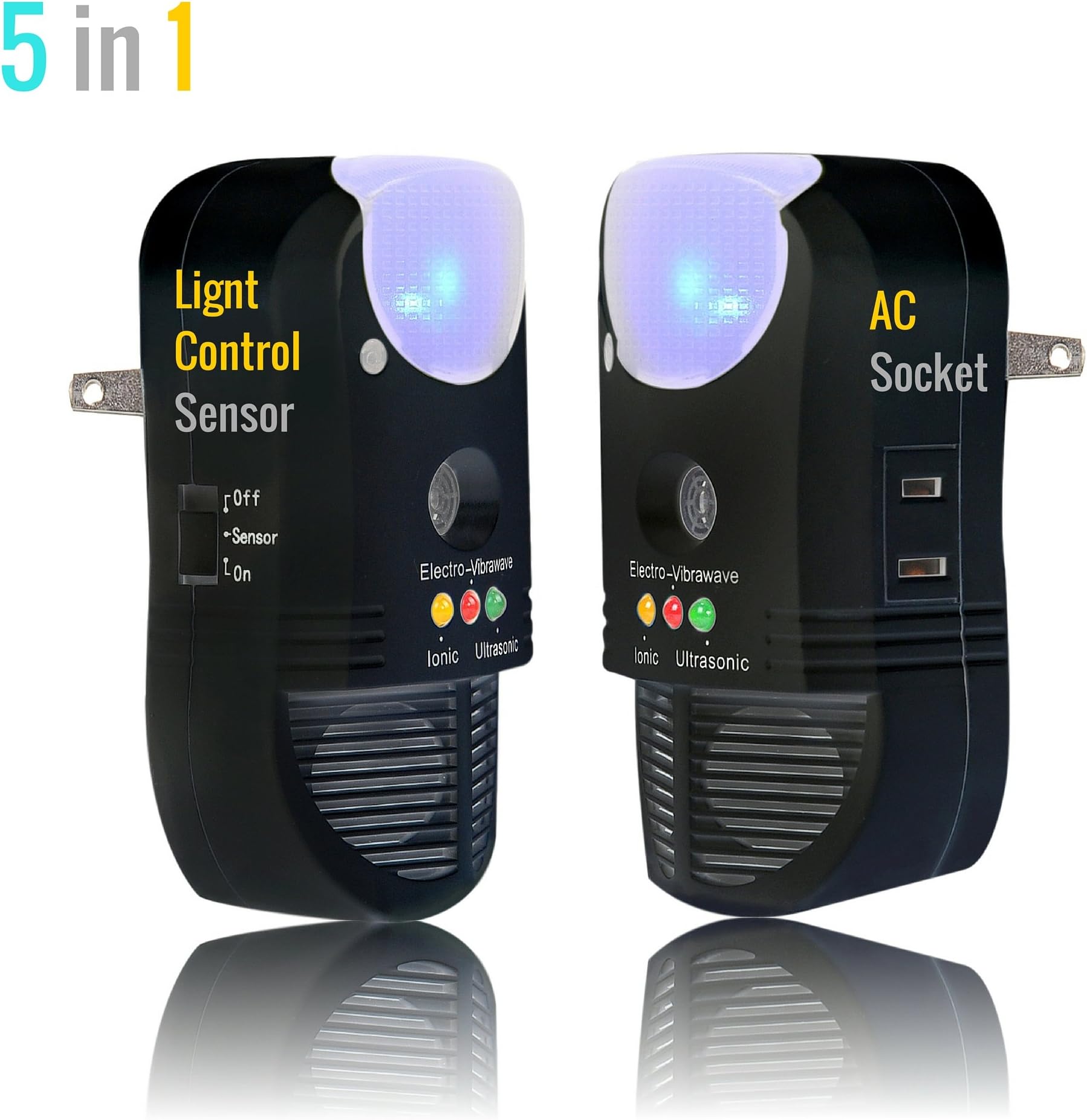 5000 sqft 5in1 Pest Repellent, triple protection pest repeller ultrasonic (electromagnetic pest repeller ionic pest repeller ultrasonic pest repeller), AC socket, Nightlight & Air Purifier