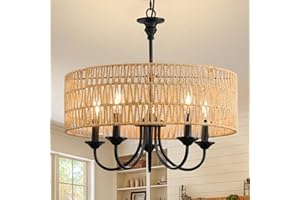 HOXIYA Farmhouse Modern Boho Chandelier, 5-Lights Large Rattan Pendant Light Fixture Ceiling with Hand Woven Wicker Shade, Bl