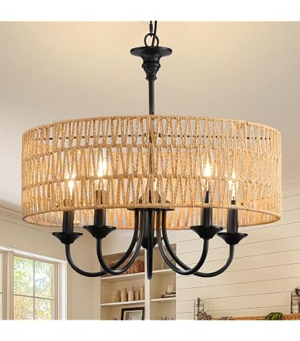 Farmhouse 3-Light Rattan Chandelier – Rustic Ceiling Fixture With Twine Lampshade, Adjustable Height For Dining Room, Kitchen, Bedroom (Brown)