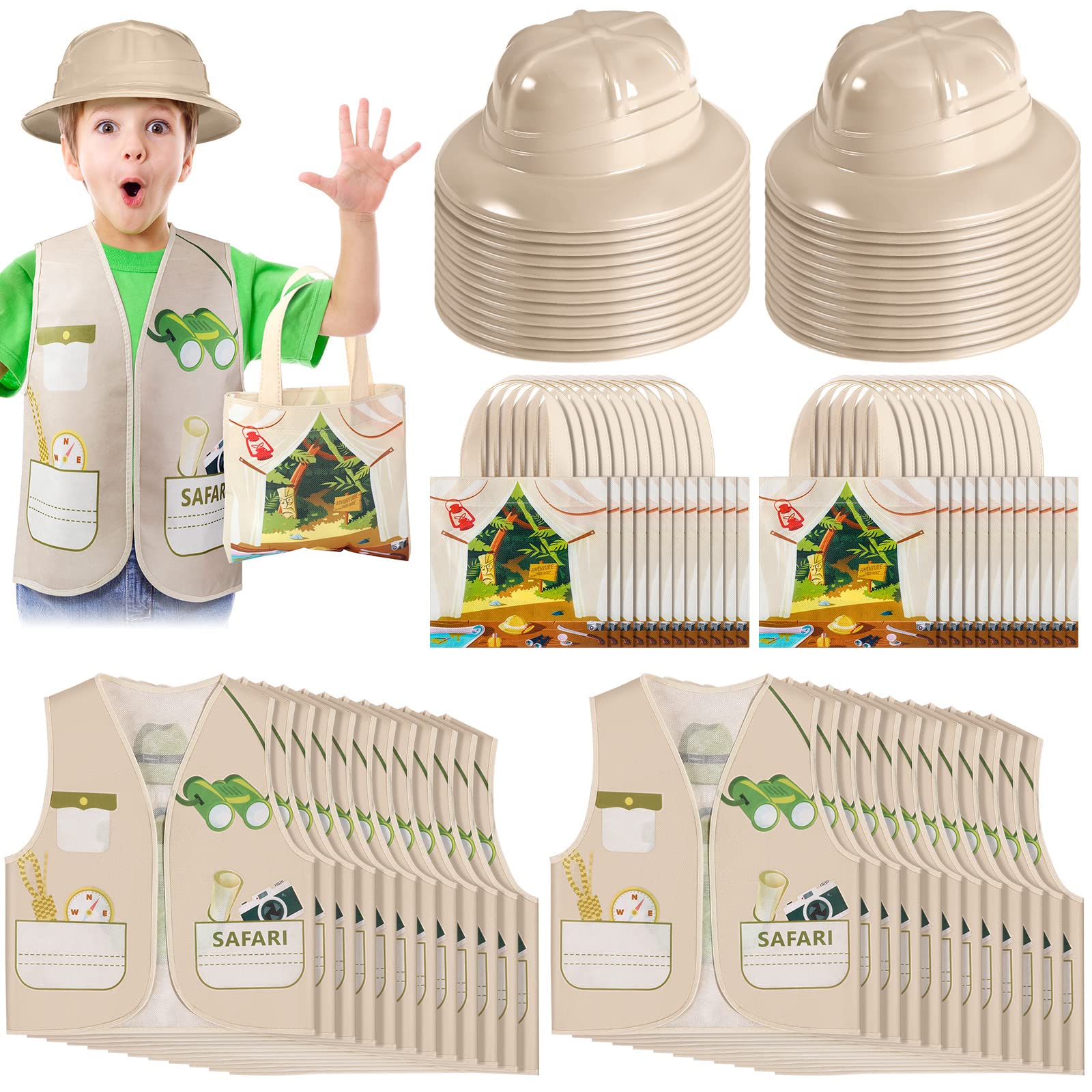 Photo 1 of Newcotte 72 Pcs Kids Explorer Costume Toy Include 24 Kids Safari Vests 24 Party Plastic Safari Hats 24 Tote Bag Bulk for Explorer Jungle Party