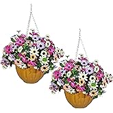 Magic Style Home Set of 2 Artificial Outdoor Wildflowers with Large Hanging Planters, 2 Hanging Pots with Realistic Silk Daisy Chamomile Flowers Front Porch Garden Patio Yard Spring Hanging Decor