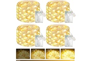 btfarm 4 Pack Fairy Lights Battery Operated with Timer, 16.4 FT 50 LED Silver Wire Twinkle String Lights 8 Modes Dimmable Waterproof for Indoor Christmas Bedroom Wedding Decorations, Warm White